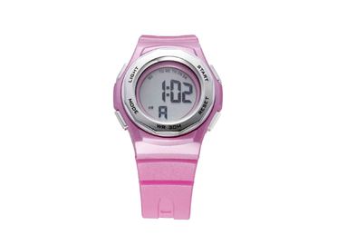 円形のピンク PU の女性は LCD 警報ギフトの腕時計が付いているスポーツの腕時計を防水します